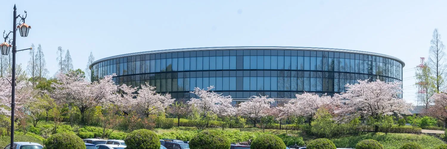 Das moderne, runde Glasgebäude des NUCB International College hinter blühenden Kirschbäumen.