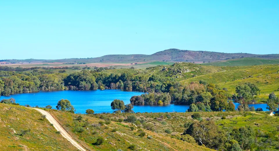 Il paesaggio naturale vicino alla Orroroo Area School con un lago blu, alberi e colline verdi.