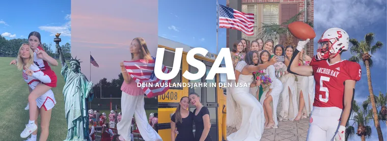 Collage mit Freiheitsstatue, Schulbus, US-Flagge, Footballspieler und Cheerleaderinnen