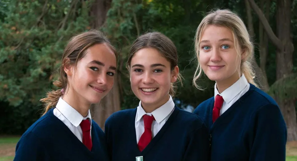Tre studentesse della Heathfield School posano insieme in un'area verde esterna.