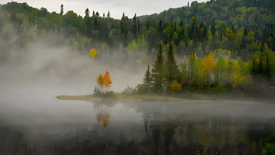 Un lago calmo con un bosco dai colori autunnali riflette il paesaggio all'interno del campus del Séminaire de Chicoutimi.