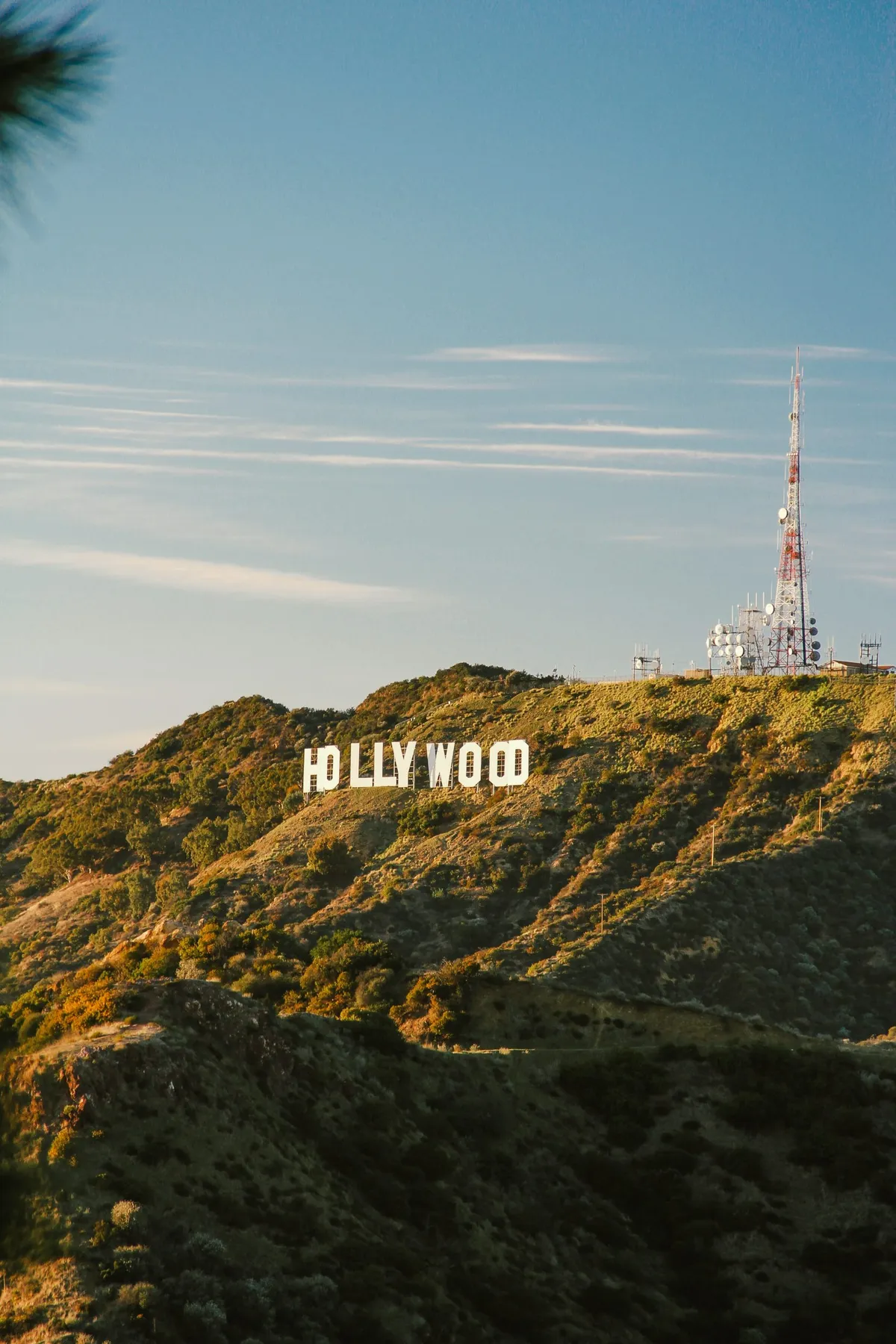 La scritta Hollywood sulla collina verde di Los Angeles sotto il cielo azzurro