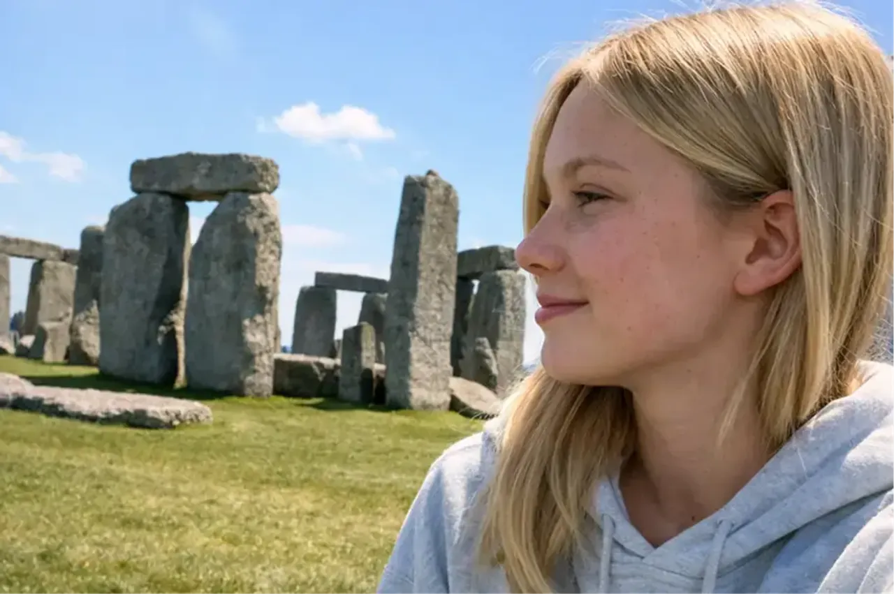Ragazza bionda di profilo davanti al sito di Stonehenge in una giornata di sole