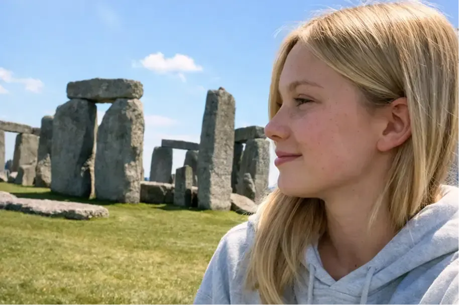 Ragazza bionda di profilo davanti al sito di Stonehenge in una giornata di sole