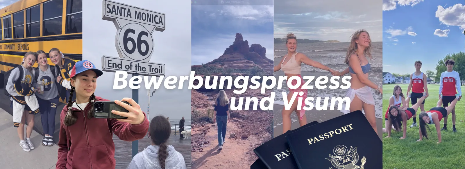 Collage mit Schulbus, Route-66-Schild in Santa Monica, Reisepässen und Jugendlichen