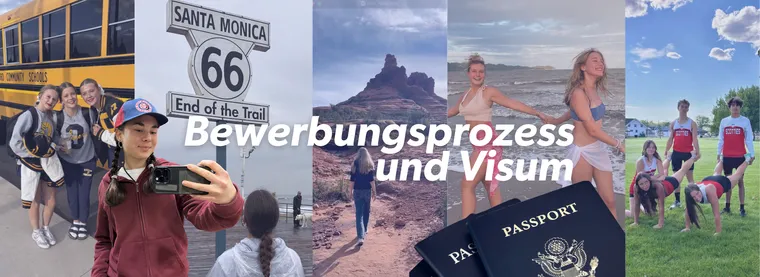 Collage mit Schulbus, Route-66-Schild in Santa Monica, Reisepässen und Jugendlichen