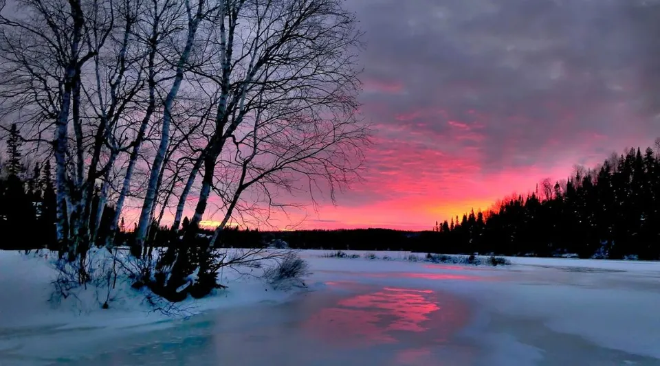 Un lago ghiacciato con alberi spogli riflette il colorato tramonto nel terreno del Brockville Collegiate Institute.