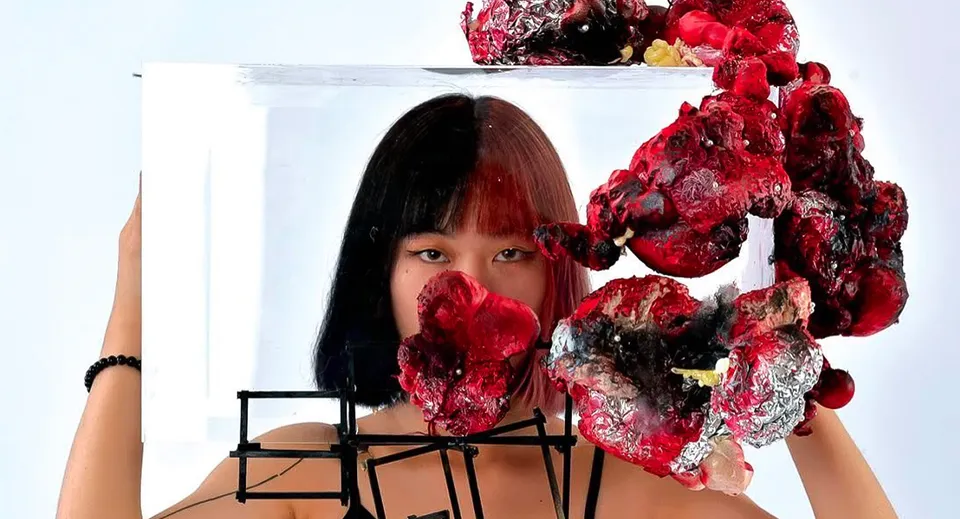 Una giovane donna con i capelli scuri è in piedi davanti a composizioni floreali rosse e rosa nel campus della International School of Creative Arts.