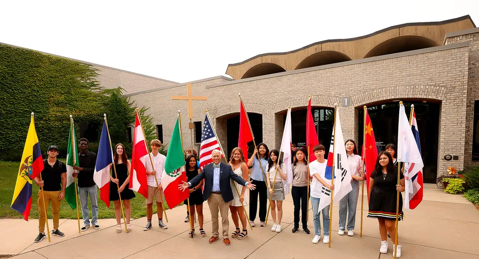 Un gruppo di persone con bandiere nazionali sta davanti a un edificio sul campus della Saint John‘s Prep.
