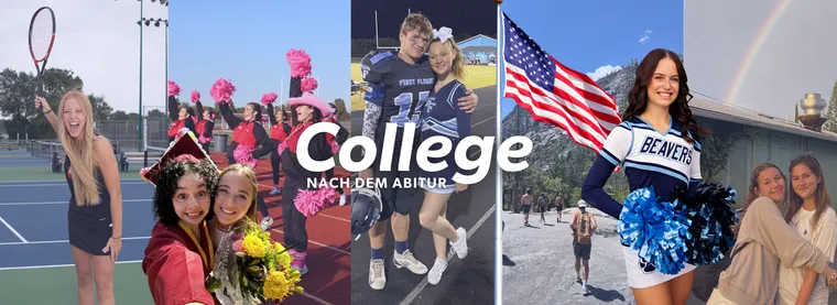 Collage mit Cheerleaderinnen, Footballspieler, US-Flagge, Tennisspielerin und Absolventin