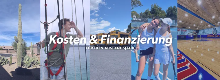 Collage aus Kaktus, Kletterpark, Schulbussen, zwei Tennisspielerinnen und einer Sporthalle