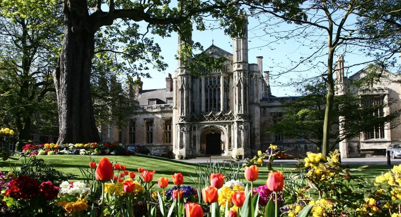 L'edificio gotico della St. Peters School è circondato da un giardino con tulipani colorati e altri fiori.
