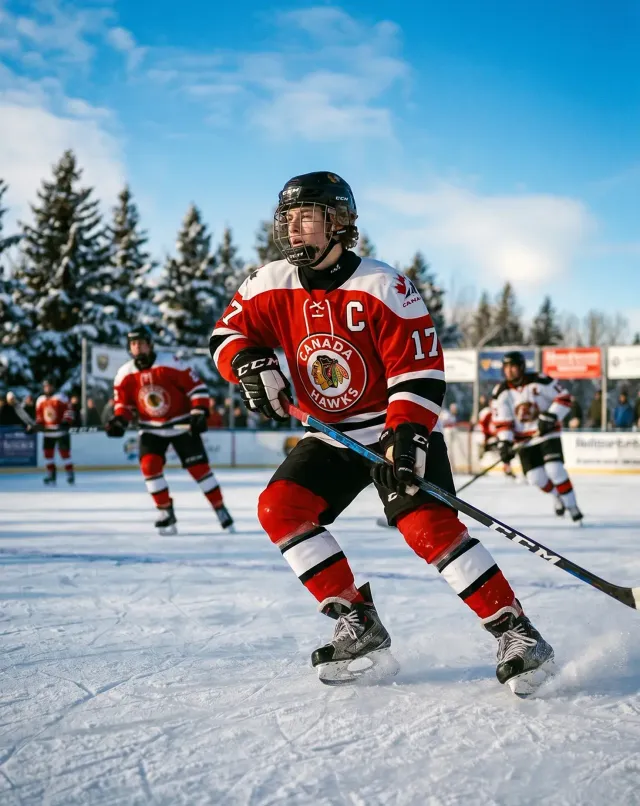 Giovane giocatore di hockey in maglia rossa in azione su una pista di ghiaccio all'aperto