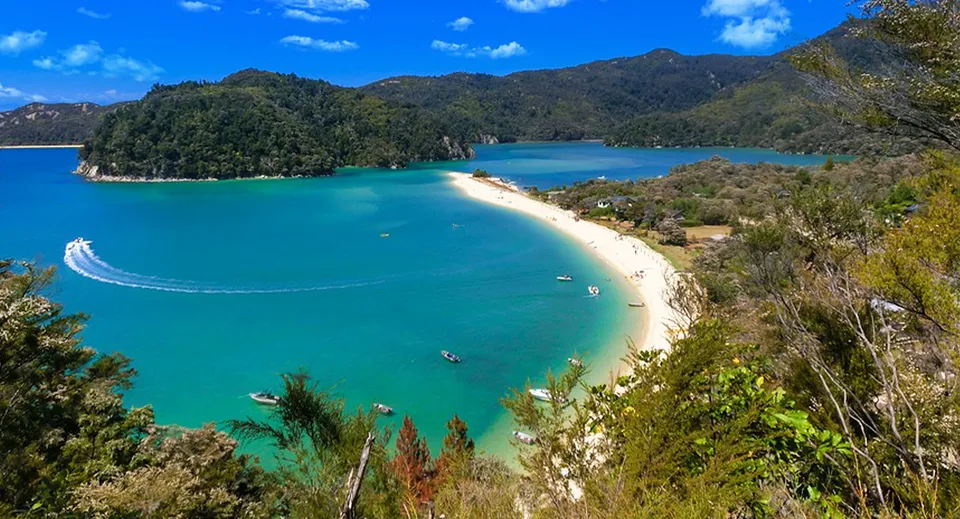 Vista su una spiaggia tropicale con acqua turchese limpida vicino alla Te Puke High School.