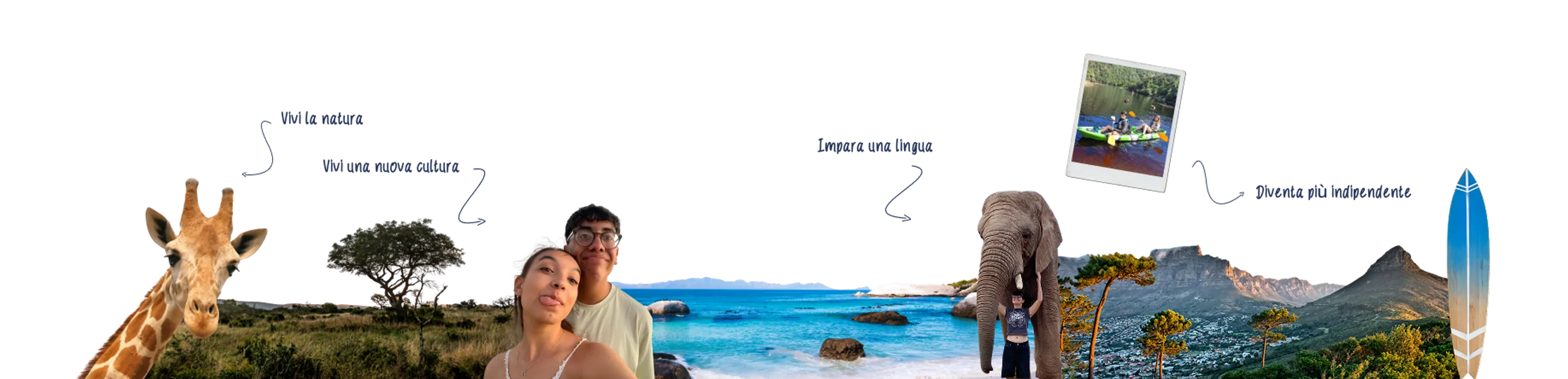 Collage con giraffa, coppia in spiaggia, elefante ed etichette sui temi natura, cultura e indipendenza in Sudafrica