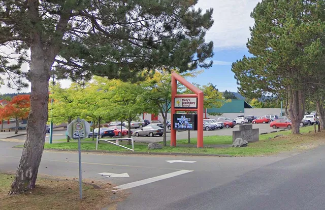 Piccola strada cittadina con negozi, alberi e auto parcheggiate sotto un cielo limpido, vicino alla Stellys Secondary School.