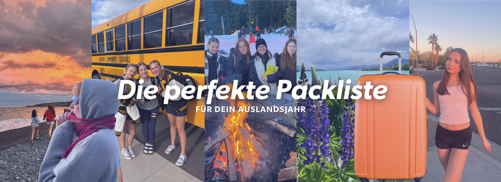 Collage mit Schulbus, Lagerfeuer, Lupinen, orangefarbenem Koffer und Jugendlichen zum Thema Packliste
