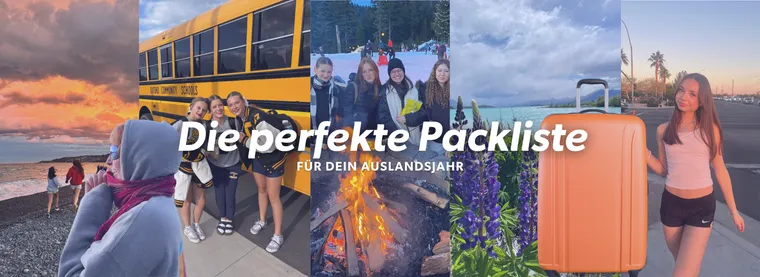 Collage mit Schulbus, Lagerfeuer, Lupinen, orangefarbenem Koffer und Jugendlichen zum Thema Packliste