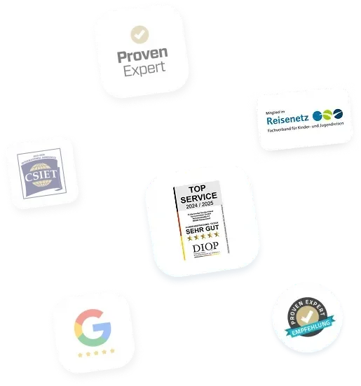 Gütesiegel und Auszeichnungen: ProvenExpert, Reisenetz, CSIET, DIOP Top Service, Google und ProvenExpert-Empfehlung