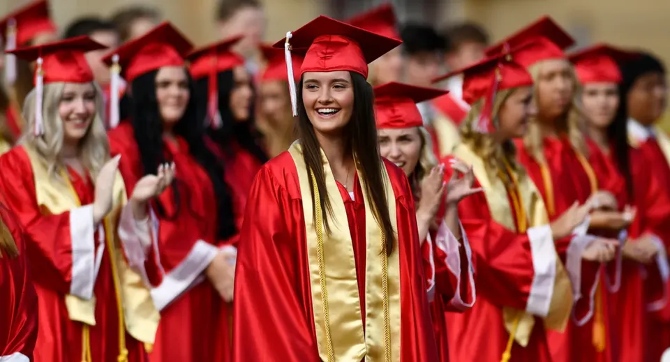 Diplomati e diplomate in toga rossa e dorata sono insieme nel campus della Coláiste Chill Mhantáin.