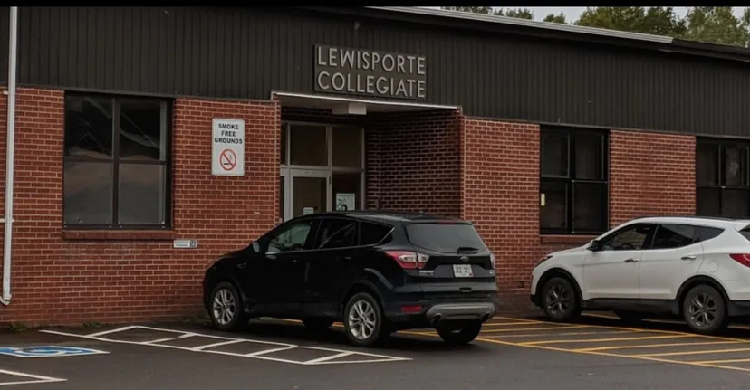 L'edificio in mattoni della Lewisporte Collegiate con due veicoli parcheggiati davanti.