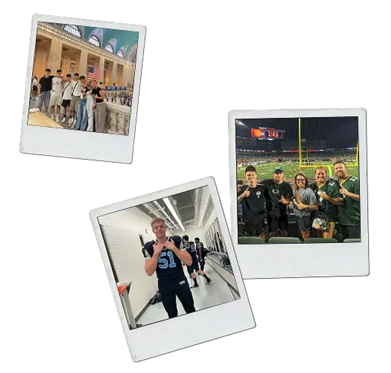 Collage di polaroid dello scambio negli USA: gruppo di studenti, ragazzo in divisa da football e serata allo stadio
