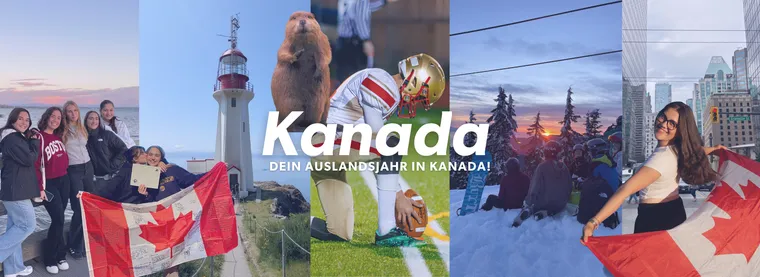 Collage mit kanadischen Flaggen, Leuchtturm, Footballspieler, Skyline und Jugendlichen im Schnee