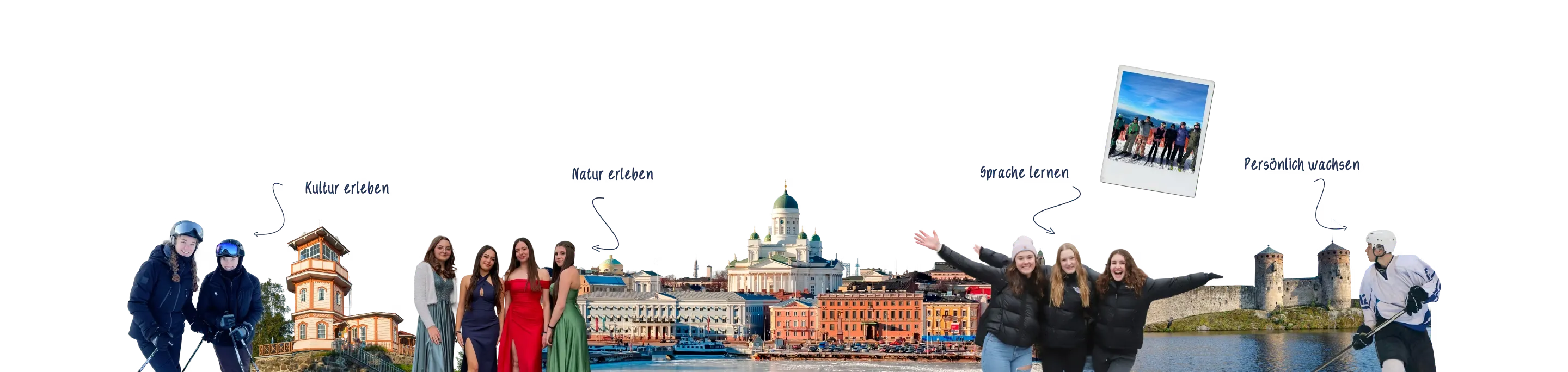 Fotocollage Finnland: Skifahrer, Dom von Helsinki und Burg Olavinlinna. Kultur erleben, Natur erleben, Sprache lernen, Persönlich wachsen