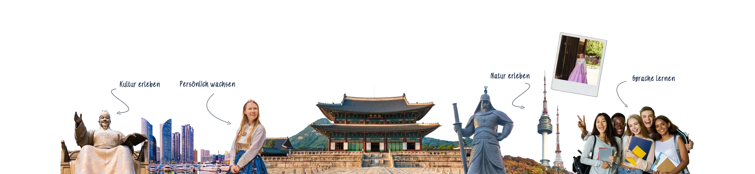 Fotocollage Korea: Skyline von Busan, Gyeongbokgung-Palast und Hanbok. Kultur erleben, Persönlich wachsen, Natur erleben, Sprache lernen