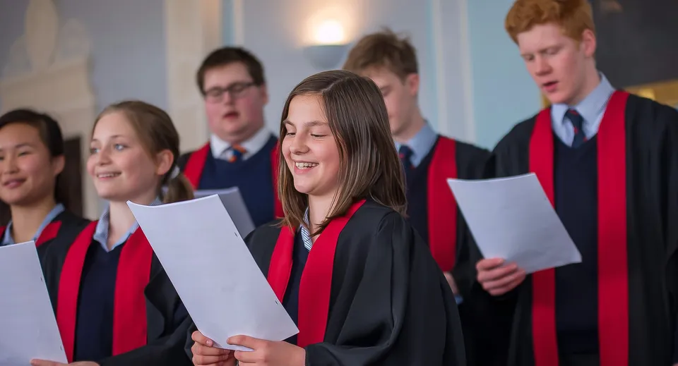 Un gruppo di studenti e studentesse in abito da cerimonia di diploma tiene in mano degli attestati all'interno del Rendcomb College.