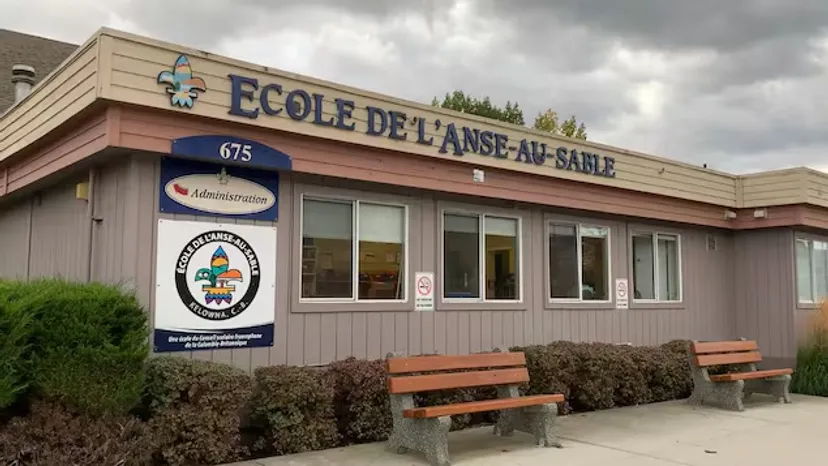 L'edificio a due piani della École de l'Anse-au-sable con segnaletica e panchine in primo piano sotto un cielo nuvoloso.