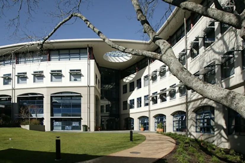 L'edificio moderno e curvilineo della Diocesan School For Girls con grandi finestre si affaccia su un prato verde e un albero spoglio.
