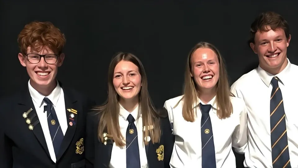 Quattro studenti in divisa scolastica mettono in posa sorridendo davanti a uno sfondo scuro nel campus della Gore High School.