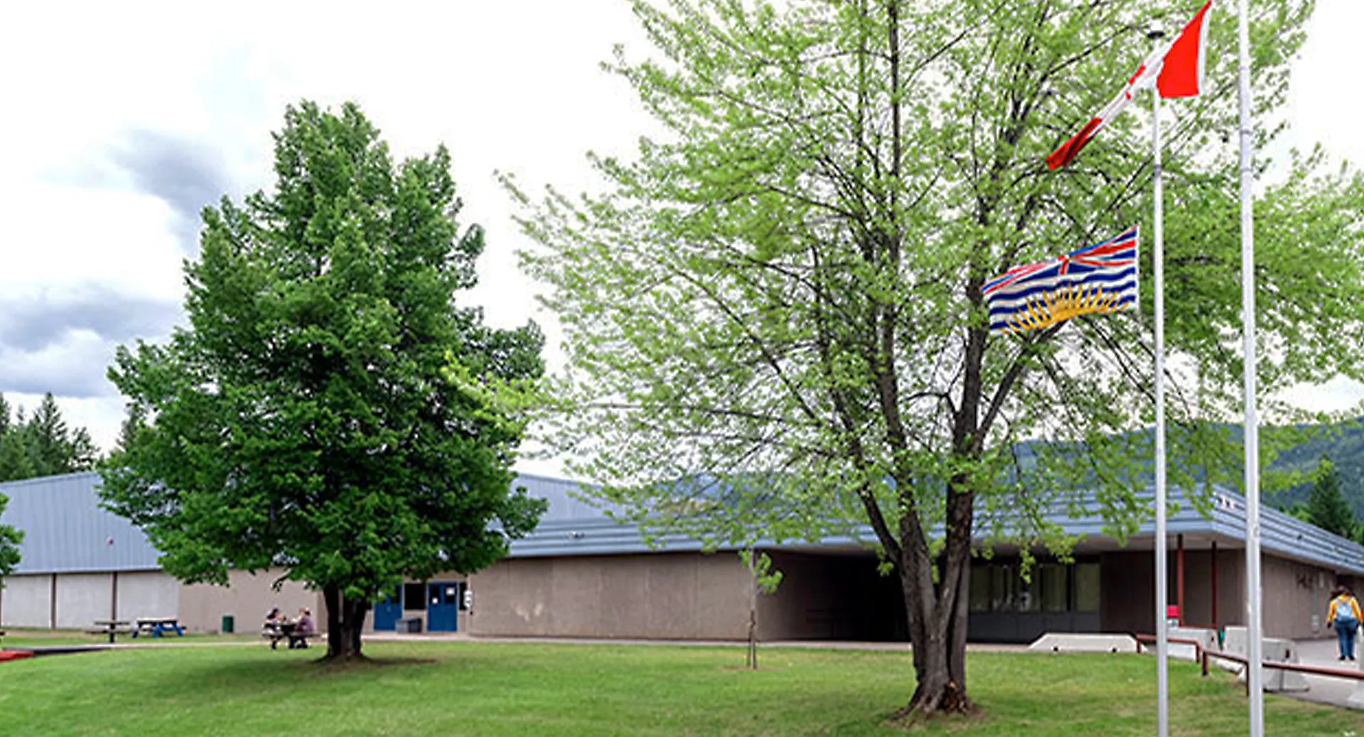 Un'area verde con vari alberi e un edificio sullo sfondo nel campus della Clearwater Secondary School.