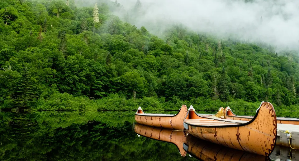 Alcune canoe dell'Albert College sono ormeggiate su un lago davanti a una collina boscosa immersa nella nebbia.