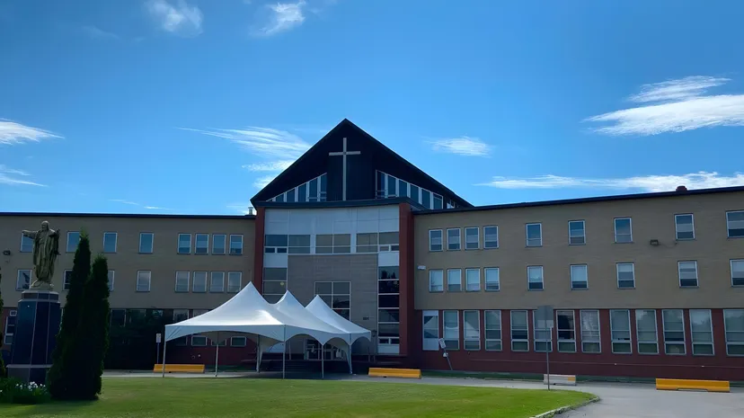 L'edificio moderno a più piani con il tetto triangolare nel campus del Séminaire de Chicoutimi.