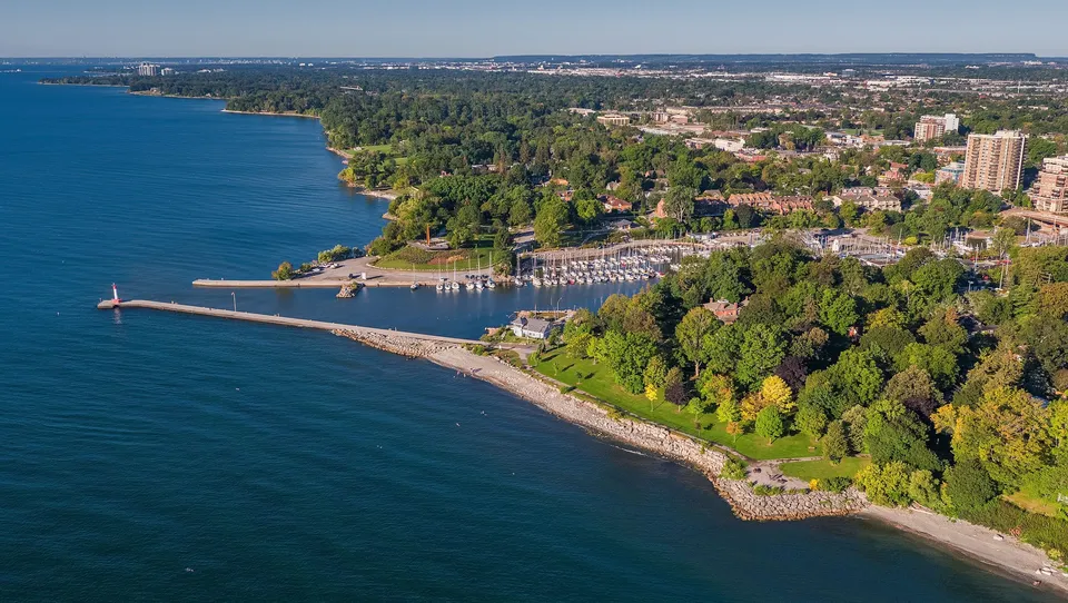 Un paesaggio costiero con sponda alberata e molo nei pressi della White Oaks Secondary School.