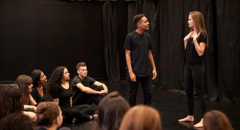 Un gruppo di studenti della Bethlehem High School si riunisce in un'aula di teatro.