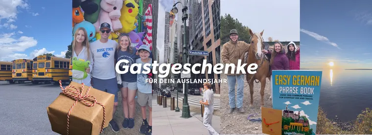 Collage mit Gastfamilie, Schulbussen, Pferd, Paket und Sprachbuch zum Thema Gastgeschenke