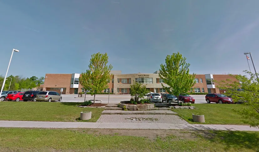 L'edificio in mattoni a più piani della Nantyr Shores Secondary School, con un'area verde e alberi in primo piano, è circondato da un parcheggio pavimentato.