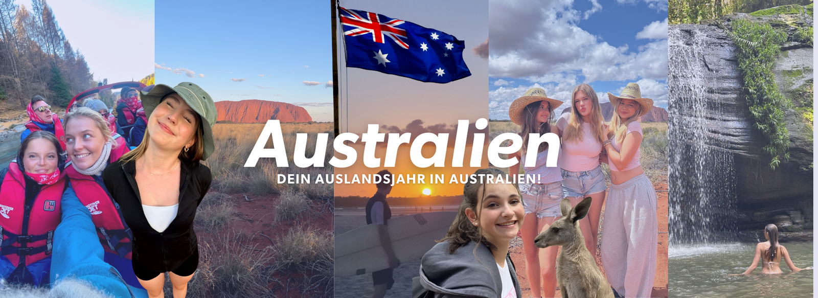 Collage mit australischer Flagge, Uluru, Känguru, Wasserfall und Jugendlichen