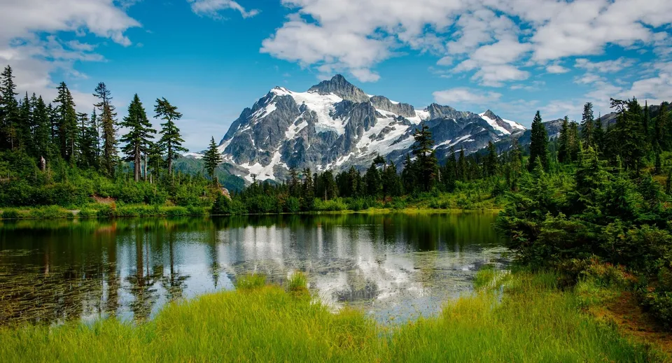 Un lago limpido circondato da pini con una montagna innevata sullo sfondo vicino alla Ernestown Secondary School.