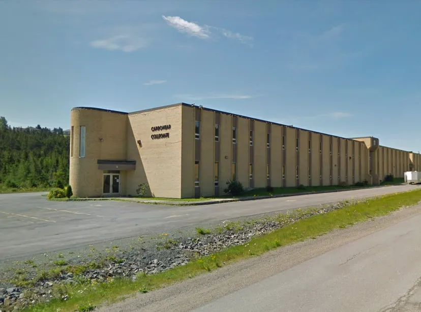 Il grande edificio industriale rettangolare nel campus della Carbonear Collegiate High School è circondato da un prato e da alberi.