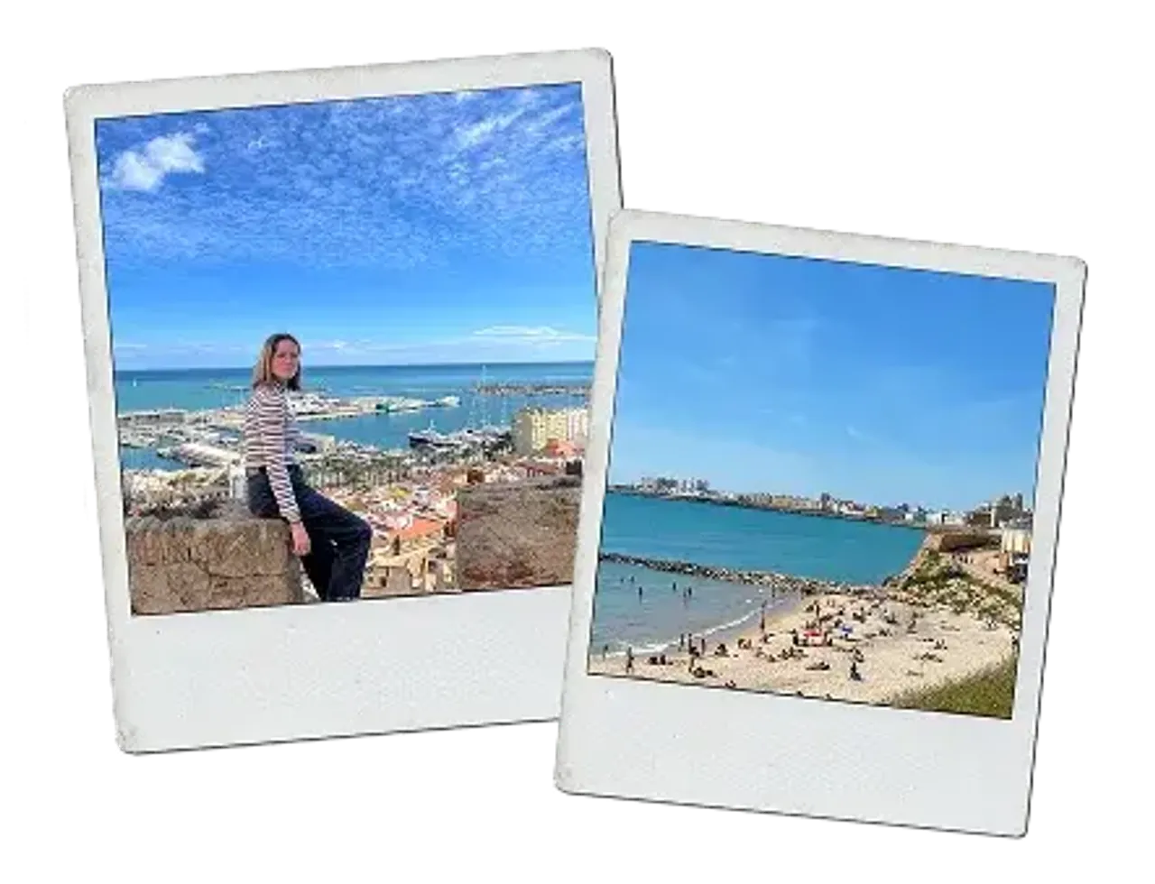 Due foto in stile polaroid: una ragazza su un muretto sopra un porto e una spiaggia spagnola