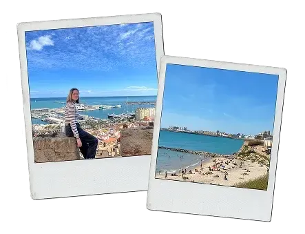 Due foto in stile polaroid: una ragazza su un muretto sopra un porto e una spiaggia spagnola