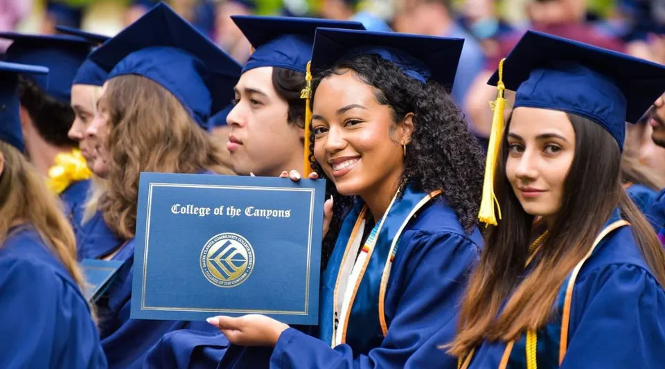 Neolaureati e neolaureate del College of the Canyons sono insieme in toga blu e tengono in mano i loro diplomi.