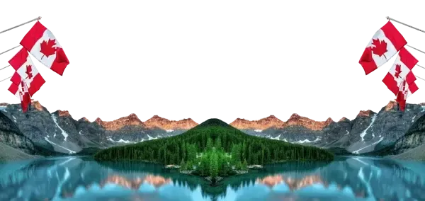 Lago turquesa y montañas de Canadá enmarcados por banderas canadienses
