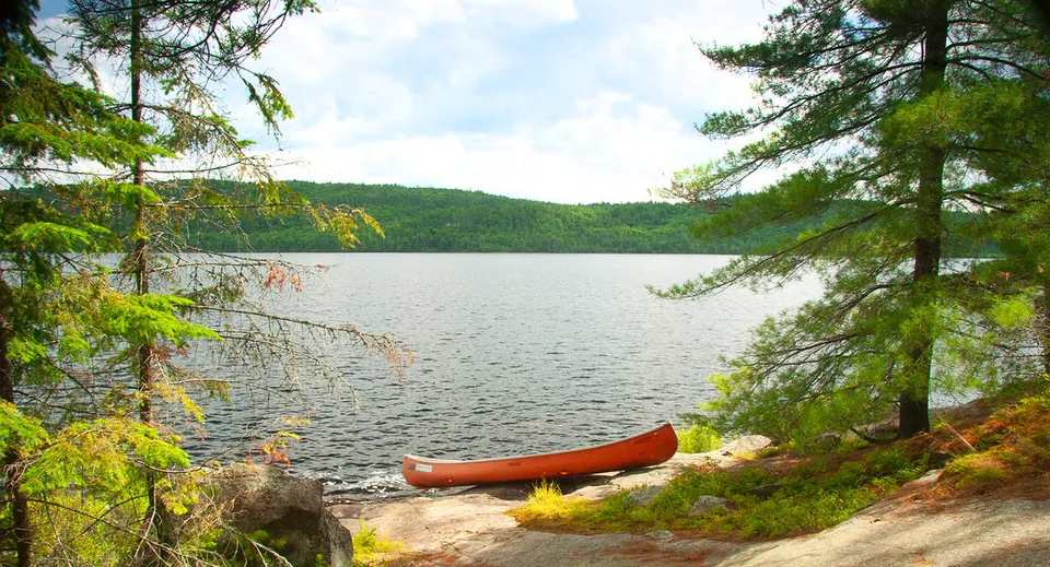 Una canoa arancione si trova sulla riva rocciosa e alberata di un lago vicino alla Nottawasaga Pines Secondary School.