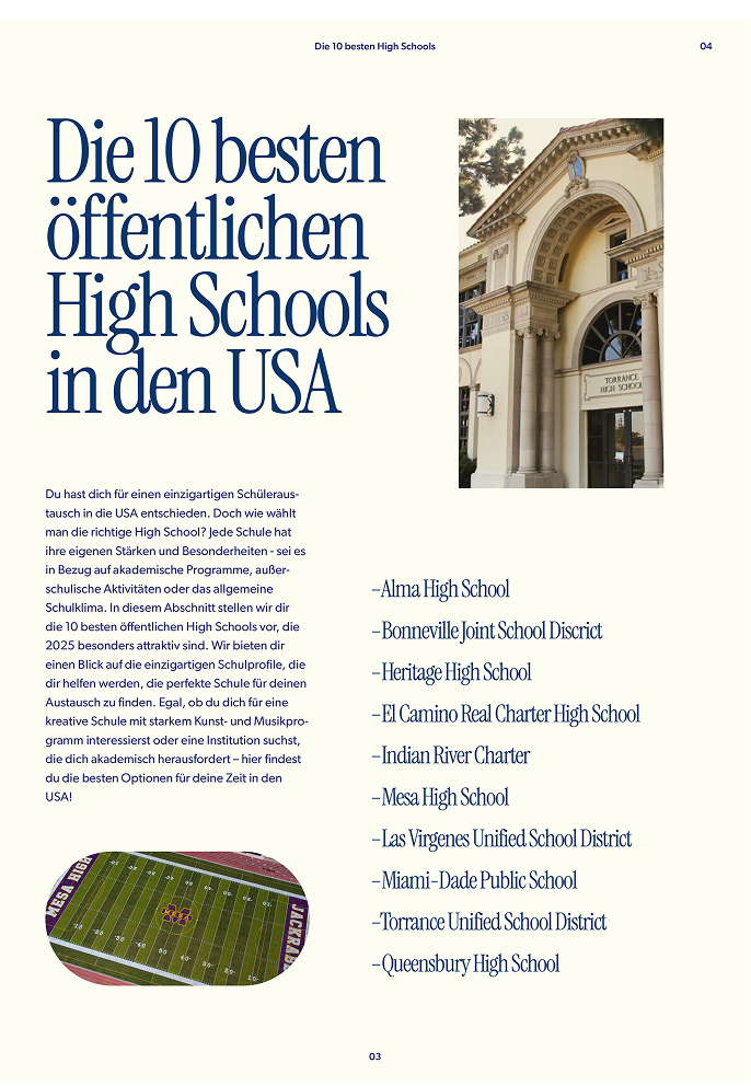 Innenseite des Trend Reports mit der Liste der 10 besten öffentlichen High Schools in den USA