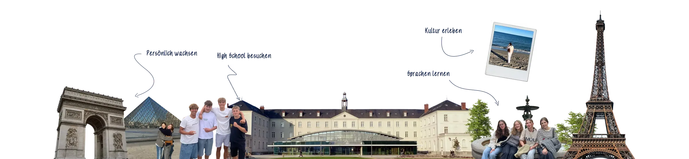 Fotocollage Frankreich: Arc de Triomphe, Schulgebäude und Eiffelturm. Persönlich wachsen, High School besuchen, Kultur erleben, Sprachen lernen